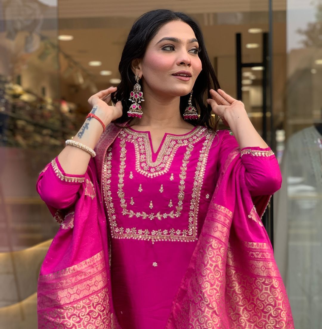 MT Chanderi Silk Embroidery Kurti With Bottom Dupatta Wholesale Shop In Surat
